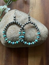 Load image into Gallery viewer, Southwestern Sterling Silver Turquoise Pearls Bead Hoop Earrings. Gift 3.25 Inch