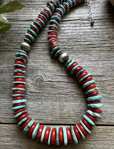 Southwestern 925 Sterling Silver Blue Turquoise Coral Bead Necklace 18 inch Gift