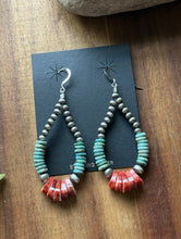 Load image into Gallery viewer, Sterling Silver Turquoise Spiny Oyster Pearls Bead Loop Hoop Earrings. 3 Inch