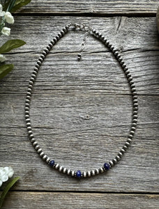 Sterling Silver 4mm Pearls with Lapis Bead Necklace Choker. 14 inch