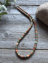 Load image into Gallery viewer, Sterling Silver Orange Spiny Oyster Green Turquoise Heishi Bead Necklace 18 inch