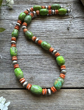 Load image into Gallery viewer, Sterling Silver Orange Spiny Oyster Green Turquoise Bead Necklace. 20 inch