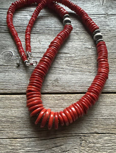 Southwestern Sterling Silver Graduated Bamboo Red Coral Bead Necklace 28 inch