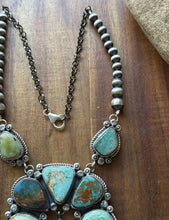 Load image into Gallery viewer, Navajo Sterling Silver Blue Green Royston Turquoise Lariat Pearls Naja Necklace