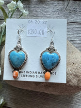 Load image into Gallery viewer, Navajo Sterling Silver Blue Turquoise Spiny Oyster Heart Earrings. Gift