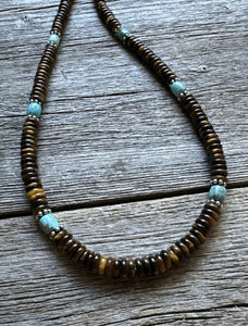 Southwestern 925 Sterling Silver Blue Turquoise Tigers Eye Bead Necklace 18 inch