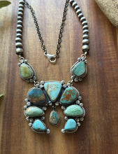 Load image into Gallery viewer, Navajo Sterling Silver Blue Green Royston Turquoise Lariat Pearls Naja Necklace
