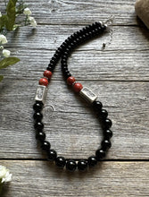 Load image into Gallery viewer, Sterling Silver Apple Coral Black Onyx Kokopelli Bead Necklace. 18 inch.