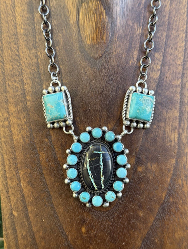 Navajo Sterling Silver Black Jack Turquoise Cluster Lariat Y Bead Necklace KY