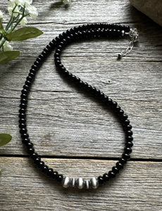 Southwestern 925 Sterling Silver Black Onyx W Pearls Bead Necklace. 18 inch