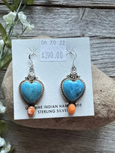 Load image into Gallery viewer, Navajo Sterling Silver Blue Turquoise Spiny Oyster Heart Earrings. Gift