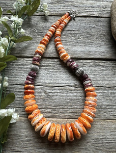 Sterling Silver Graduated Orange Purple Spiny Oyster Pearl Bead Necklace 18 Inch