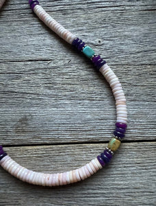 Southwestern Sterling Silver Pink Conch Multi Stone Bead Necklace. 18 Inch