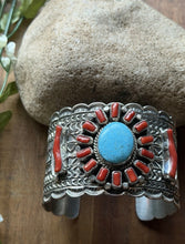 Load image into Gallery viewer, Navajo Native Sterling Silver Red Coral Turquoise Cluster Cuff Bracelet T Jon