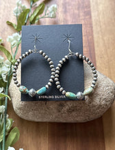 Load image into Gallery viewer, Sterling Silver Turquoise Nuggets Pearls Bead Loop Hoop Earrings.