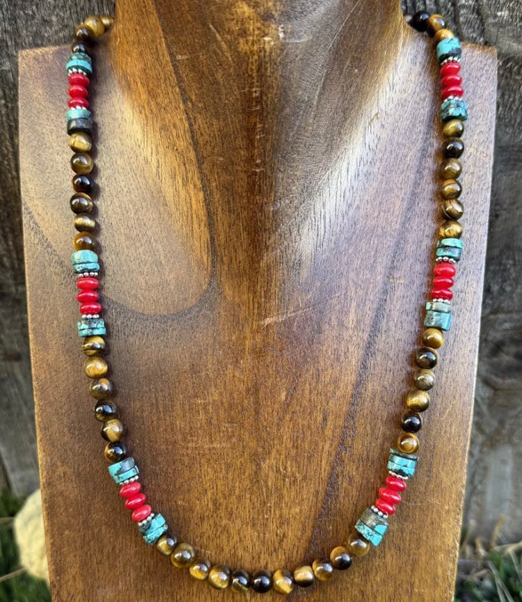 Southwestern Multi Stone Sterling Silver Tigers Eye Bead Necklace 18 inch