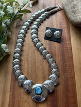 Load image into Gallery viewer, Navajo Sterling Silver Turquoise Stamped Pillow Beads Bead Necklace Earrings 22”