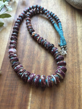 Load image into Gallery viewer, Sterling Silver Graduated Purple Spiny Oyster Turquoise Pearls Bead Necklace 26”
