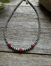 Load image into Gallery viewer, Sterling Silver 4mm Pearls with Red Bamboo Coral Bead Necklace Choker. 14 inch