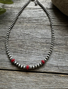 Sterling Silver 4mm Pearls with Red Bamboo Coral Bead Necklace Choker. 14 inch