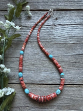 Load image into Gallery viewer, Heishi Sterling Silver Sleeping Beauty Turquoise Spiny Oyster Bead Necklace 18”