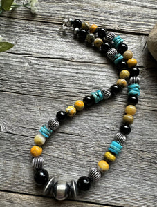 Sterling Silver Multi Stone Turquoise Onyx BumblebeeJasper Bead Necklace 18 inch