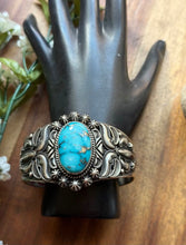 Load image into Gallery viewer, Rick Werito Sonoran Rose Turquoise Sterling Silver Stamped Cuff Bracelet. Navajo