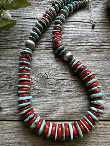 Southwestern 925 Sterling Silver Blue Turquoise Coral Bead Necklace 18 inch Gift