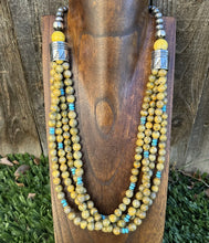 Load image into Gallery viewer, Sterling Silver Multi Strand Bumblebee Jasper Turquoise Pearls Bead Necklace 24”