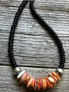 Mens Sterling Silver Black Onyx Orange Spiny Oyster Bead Necklace. 18 Inch