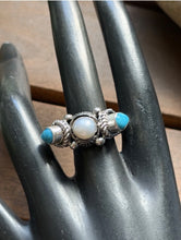 Load image into Gallery viewer, Native American Sterling Silver Freshwater Pearl Turquoise Ring Size 8