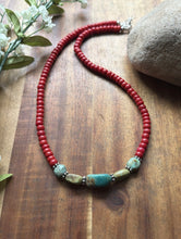 Load image into Gallery viewer, Sterling Silver Red Coral Turquoise Nuggets Bead Necklace 18 inch
