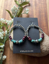 Load image into Gallery viewer, Sterling Silver Purple Spiny Oyster Turquoise Pearls Bead Loop Hoop Earrings
