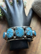 Load image into Gallery viewer, Navajo Sterling Silver Blue Kingman Turquoise Cuff Bracelet. A Albert Jake