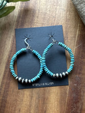 Load image into Gallery viewer, Sterling Silver Blue Turquoise Bead W Pearls Loop Hoop Earrings.