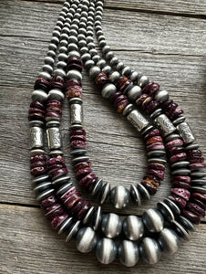 Purple Spiny Oyster Sterling Silver Multi Strand Pearls Layered Bead Necklace