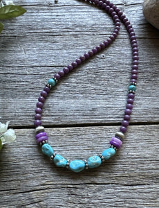 Southwestern 925 Sterling Silver Dyed Sugilite W Turquoise Bead Necklace 18 inch