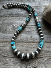 Load image into Gallery viewer, Sterling Silver Blue Turquoise W Pearls Bead Necklace. 22 inch