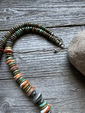 Load image into Gallery viewer, Sterling Silver Green Turquoise Spiny Oyster Multi Stone Bead Necklace 26 Inch