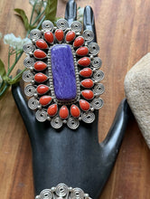 Load image into Gallery viewer, Tonya Rafael Navajo Sterling Silver Purple Charoite Red Coral Cuff Ring Set