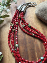 Load image into Gallery viewer, Sterling Silver Multi Strand Red Coral Turquoise Nuggets Bead Necklace 22 Inch