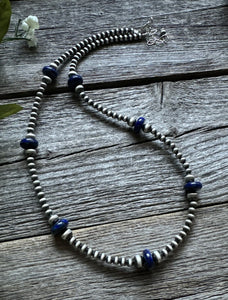 Southwestern Sterling Silver Lapis 4mm Pearls Bead Necklace. 18 Inch. Gift