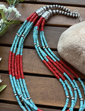 Load image into Gallery viewer, Sterling Silver Multi Strand Heishi Bamboo Coral Turquoise Bead Necklace 24 Inch