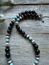 Load image into Gallery viewer, Sterling Silver Black Onyx Multi Stone Turquoise Pink Bead Necklace 18 Inch