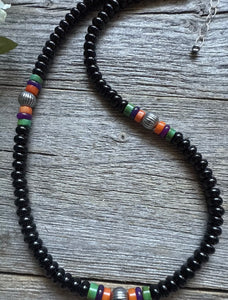Southwestern 925 Sterling Silver Black Onyx Multi Stone Bead Necklace 18 Inch