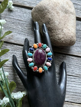 Load image into Gallery viewer, Navajo Sterling Silver Multi Stone Spiny Cluster Adjustable Ring. G James