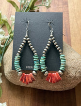 Load image into Gallery viewer, Sterling Silver Turquoise Spiny Oyster Pearls Bead Loop Hoop Earrings. 3 Inch