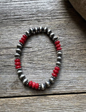Load image into Gallery viewer, Red Coral 6mm 7 Inch Stretch Sterling Silver Pearls Bead Bracelet