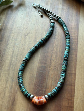 Load image into Gallery viewer, Sterling Silver Graduated Turquoise Heishi Spiny Oyster Bead Necklace 17.5 Inch