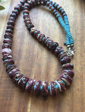Load image into Gallery viewer, Sterling Silver Graduated Purple Spiny Oyster Turquoise Pearls Bead Necklace 26”